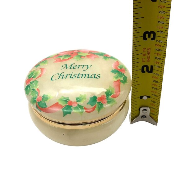 Genuine Alabaster Merry Christmas Hand Carved Trinket Jewelry Box Holly Border - Picture 10 of 10